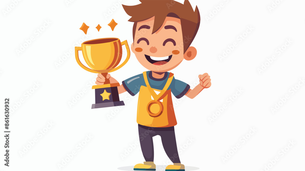 Smiling Winner Kid Boy Character Hold Big Champion Go Smiling Winner Kid Boy Character Hold Big Champion Go
