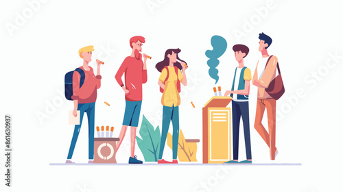 Smokers in Smoking Area Concept. Young Tiny People 