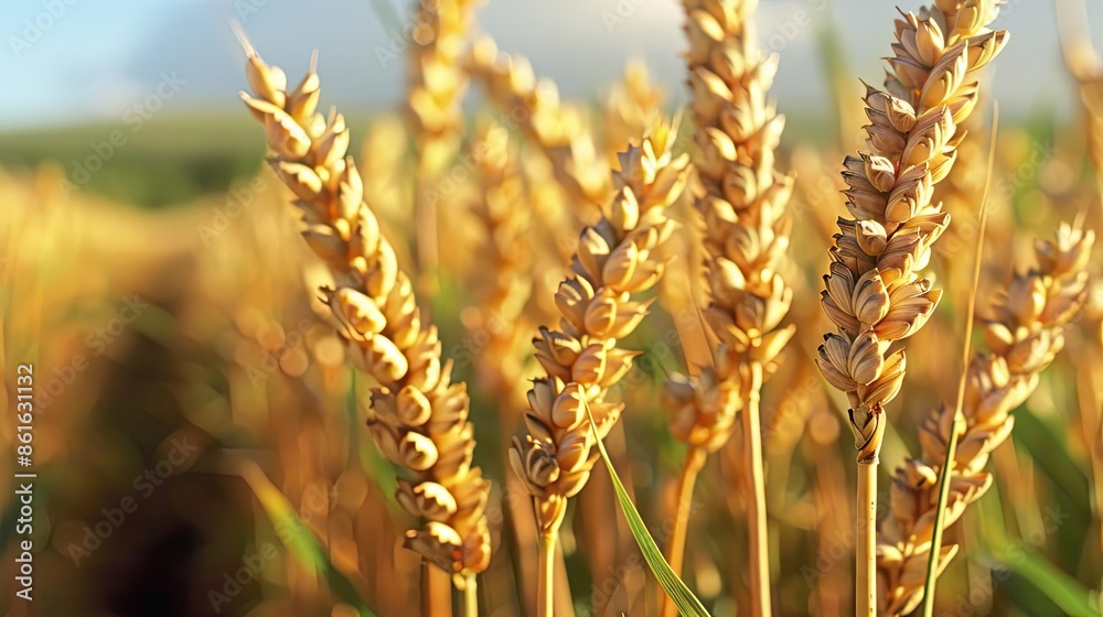 Golden wheat field bathed in sunlight, showcasing ripe ears of wheat ready for harvest under a clear blue sky. Golden wheat field bathed in sunlight, showcasing ripe ears of wheat ready for harvest under a clear blue sky.