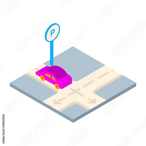 vehicle is moved by mechanical maneuvers to available space isometric concept, automated highway system vector Artificial general intelligence symbol, Natural Language Processing sign Machine Deep