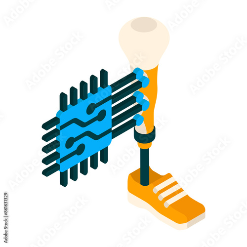 AI-powered prosthetic Leg  isometric concept, myoelectric prostheses Limb devices vector de Artificial general intelligence symbol, Natural Language Processing  Machine and Deep Learning illustration