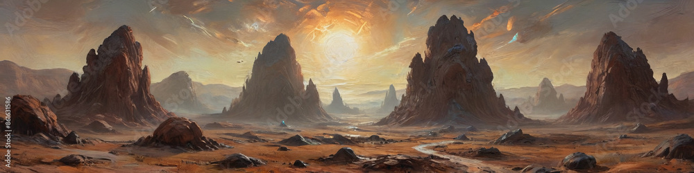 Fototapeta premium An expansive alien landscape with massive, pulsating energy fields and strange, levitating rocks, captured in thick oil paint to emphasize the dynamic and otherworldly atmosphere, Generative AI
