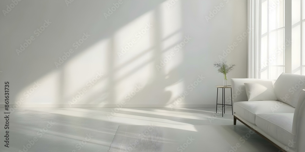 Fototapeta premium Creating a Minimalist Living Room with Functional Furniture, Soft Tones, Natural Light, and Clean Lines. Concept Minimalist design, Functional furniture, Soft tones, Natural light, Clean lines