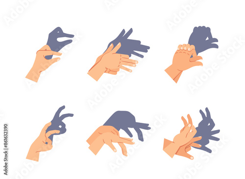 Set Of Hands Creating Different Shadow Puppets. Vector Image Displays Various Hand Positions Casting Shadows Of Animals