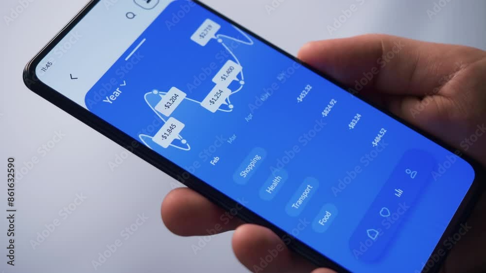 Monitoring expenses using digital banking app. Budget and expense tracking application for mobile phone. Fictional Interface.