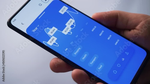 Monitoring expenses using digital banking app. Budget and expense tracking application for mobile phone. Fictional Interface.