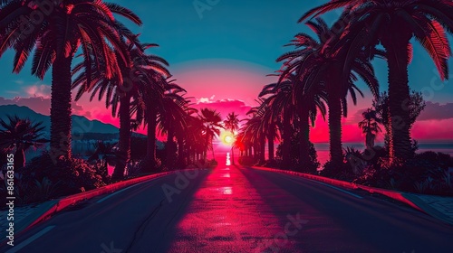 Stunning sunset illuminating a palm tree-lined road leading to the beach, with vibrant colors creating a serene and picturesque scene. © weerasak