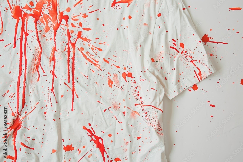 Fototapeta White T-Shirt Splattered with Red Tomato Stains from Abstract Tomato Fight Patterns on White Background, La Tomatina Festival