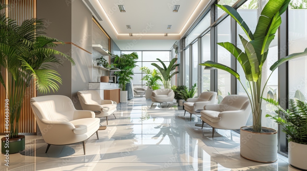 Modern waiting room with comfortable seating and plants Modern waiting room with comfortable seating and plants