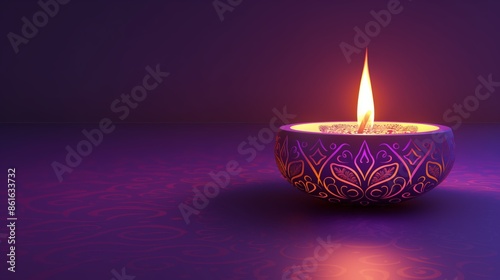 An elegant candle is burning brightly in a holder adorned with intricate designs, set against a purple backdrop, evoking a sense of warmth and mindfulness.
