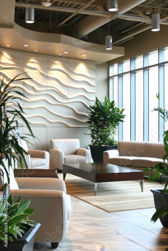 Modern waiting room with comfortable seating and plants