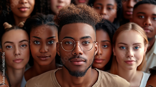 Portrait of a young African American man among young people. Concept of diversity and inclusion in youth.