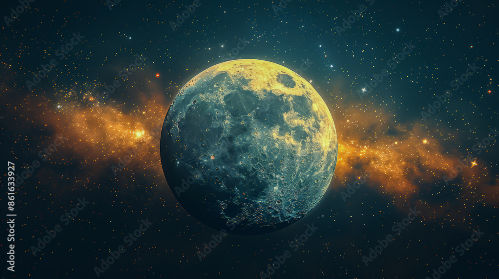 Obraz premium Photorealistic image of the crescent moon surrounded by a dense field of stars and distant galaxies, set against the dark expanse of space. 
