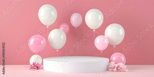 Round stage podium with white and pink balloons on a pink background A minimalistic design. Concept Event Decor, Photography Setup, Party Styling, Balloon Arrangement, Minimalist Theme