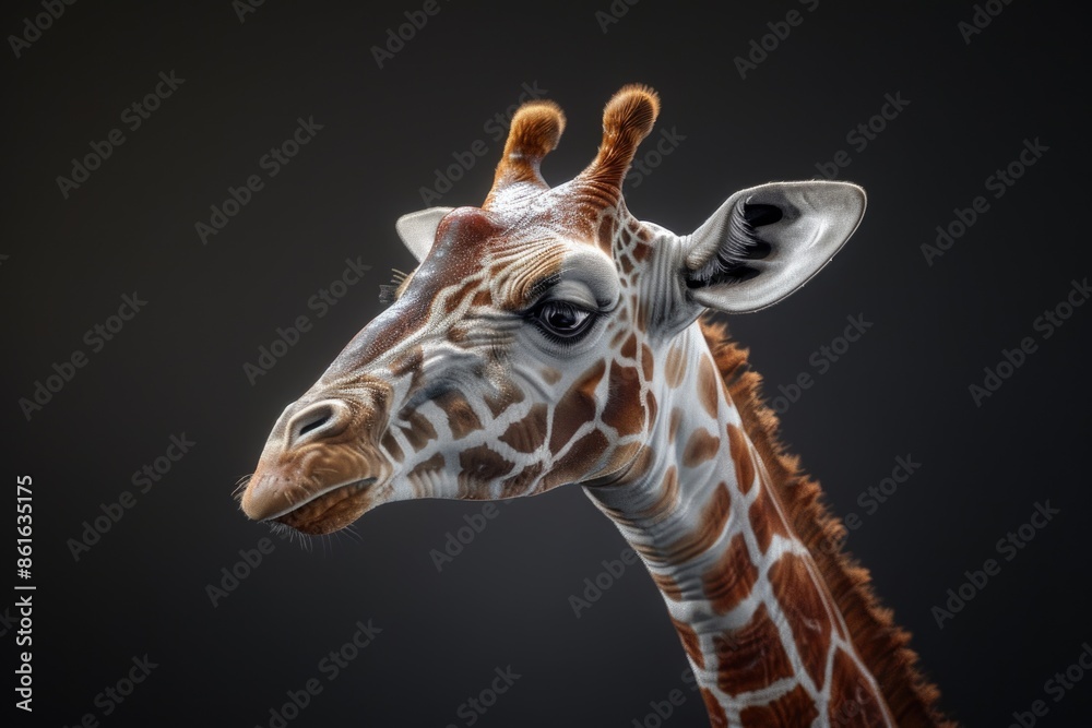 Obraz premium Close-up view of a giraffe's head and neck, featuring distinctive markings and long eyelashes