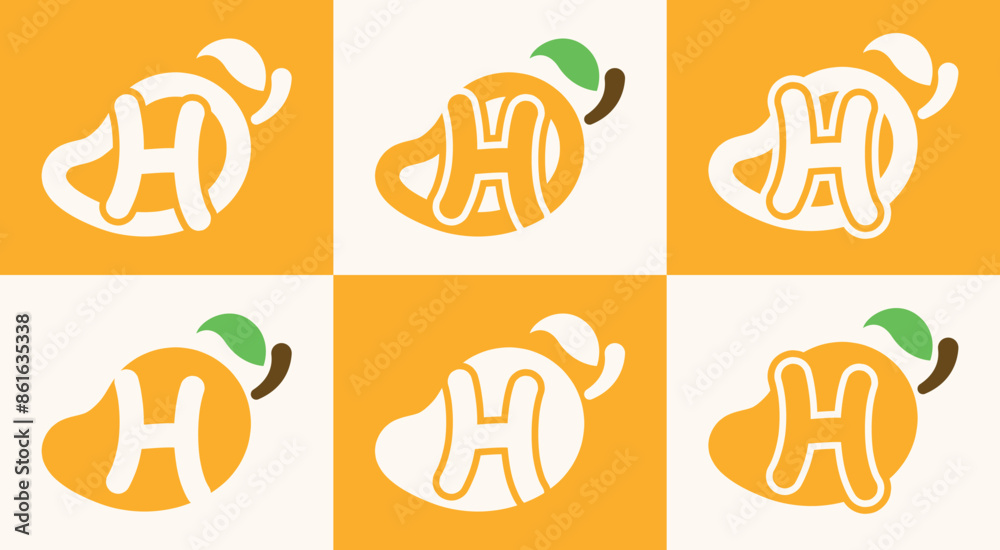 Set of letter H mango logo. This logo combines letters and a mango fruit. Perfect for fruit shops, juice store, farms, and the like. Set of letter H mango logo. This logo combines letters and a mango fruit. Perfect for fruit shops, juice store, farms, and the like.