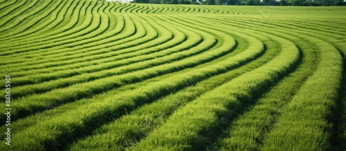 Tractor tracks creating a pattern on a lush green field, providing ample copy space image.