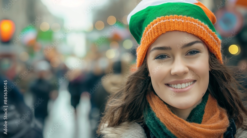 A smiling woman, adorned in green, white, and orange, embraces festive spirit in a bustling street lined with people celebrating in the background. A smiling woman, adorned in green, white, and orange, embraces festive spirit in a bustling street lined with people celebrating in the background.