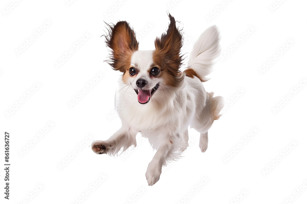 Full body shot of Papillon dog, running happily, smiling. Full body shot of Papillon dog, running happily, smiling.