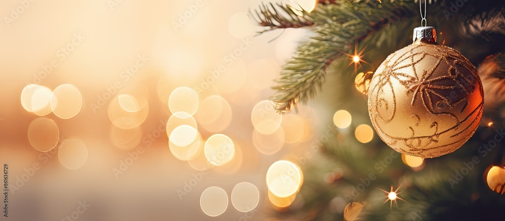 Closeup view of a Christmas ball hanging on an indoor fir tree branch with space for text in the image. with copy space image. Place for adding text or design