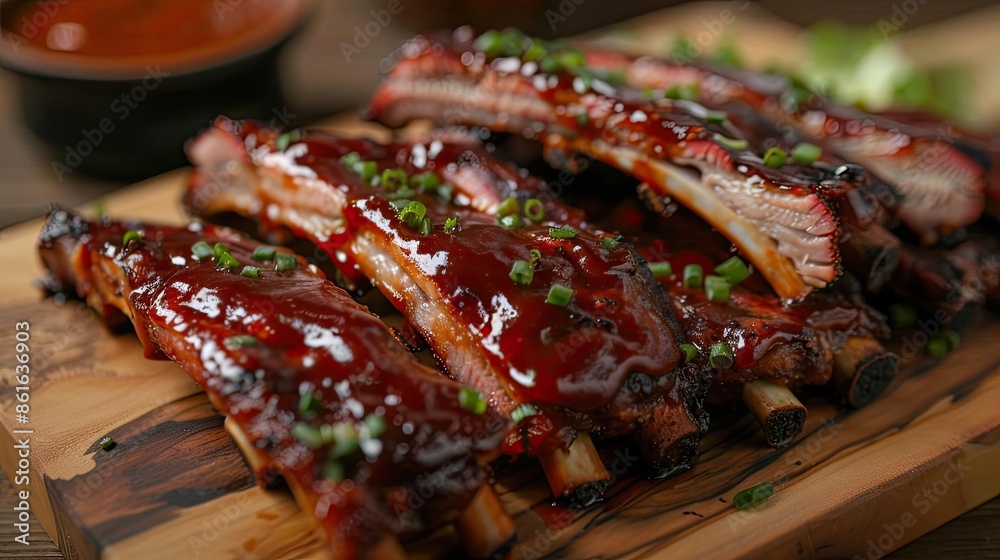 Delicious, succulent BBQ ribs glazed with sauce and garnished with fresh herbs on a wooden board. Perfect for a hearty meal. Delicious, succulent BBQ ribs glazed with sauce and garnished with fresh herbs on a wooden board. Perfect for a hearty meal.