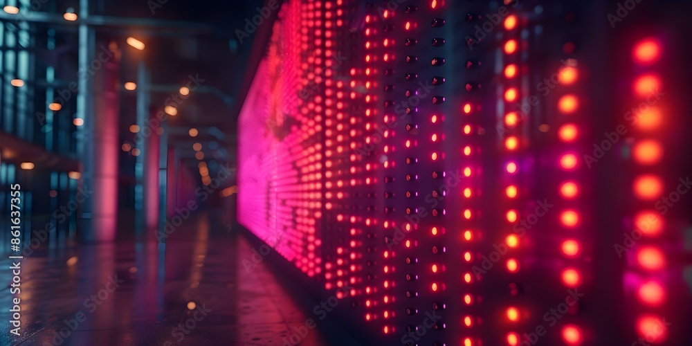 Fototapeta premium Neon-colored dynamic stock market data displayed on digital screen against dark background. Concept Stock Market Trends, Digital Screens, Neon Colors, Financial Data, Dynamic Background