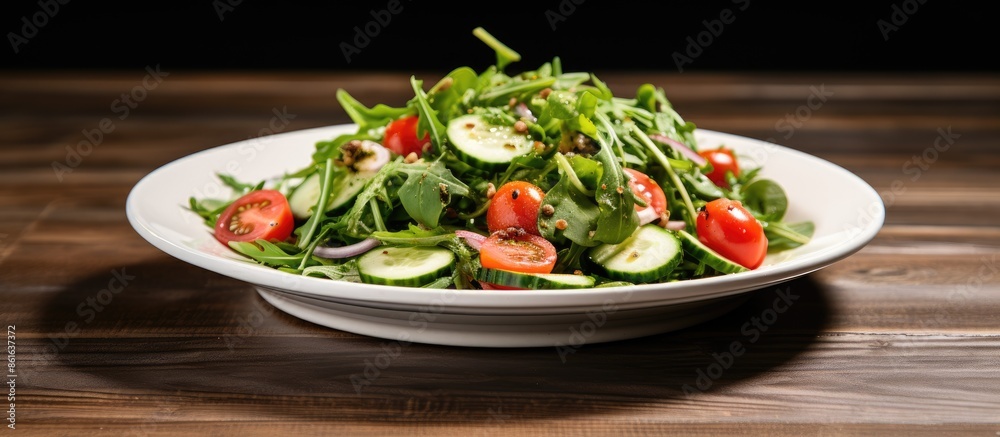 A salad featuring cucumbers, arugula, shrimp, and cherry tomatoes in a light dressing. Copy space image. A salad featuring cucumbers, arugula, shrimp, and cherry tomatoes in a light dressing. Copy space image.