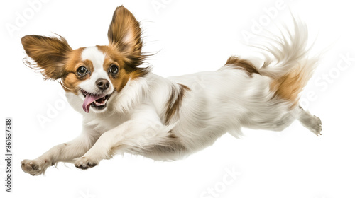 Full body shot of Papillon dog, running happily, smiling. photo