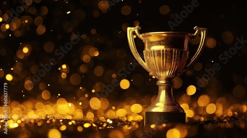 golden award cup with golden bokeh lights, on black background