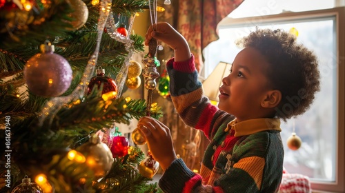 A boy in a colorful striped sweater is seen decorating an indoor Christmas tree with various ornaments, embodying festive spirit and holiday joy. photo