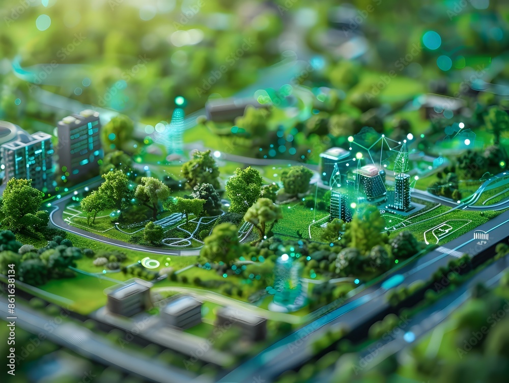 Obraz premium Miniature Smart City Park with Interactive Digital Installations and Eco Friendly Features