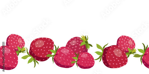 Red delicious strawberries on white background. Ripe fruit. Food vector illustration. Seamless border.