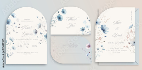 Wedding arch Invitation Card Design with watercolor elegant Wildflowers and herbs.