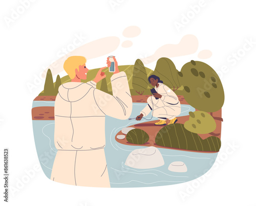 Two Scientists Conduct Environmental Research By Collecting Water Samples From River. Vector Scene Shows Conservation