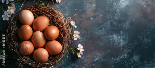 A stack of brown eggs in a ...