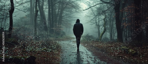 A man walks alone in the fo...
