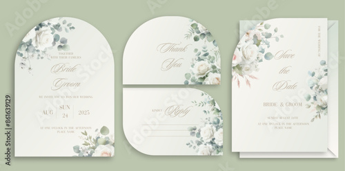 Wedding arch Invitation Card Design with watercolor elegant green botanical roses and leaves.