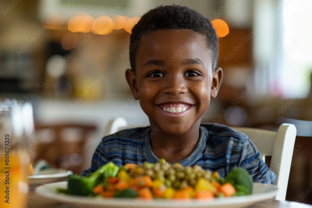 Portrait of a smiling young boy eating vegan meal at home
