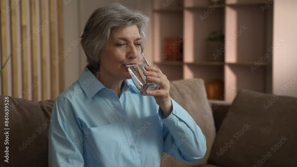 An elderly woman is sitting on the couch in her living room and drinking water from a glass. She enjoys the cool water on a warm day An elderly woman is sitting on the couch in her living room and drinking water from a glass. She enjoys the cool water on a warm day