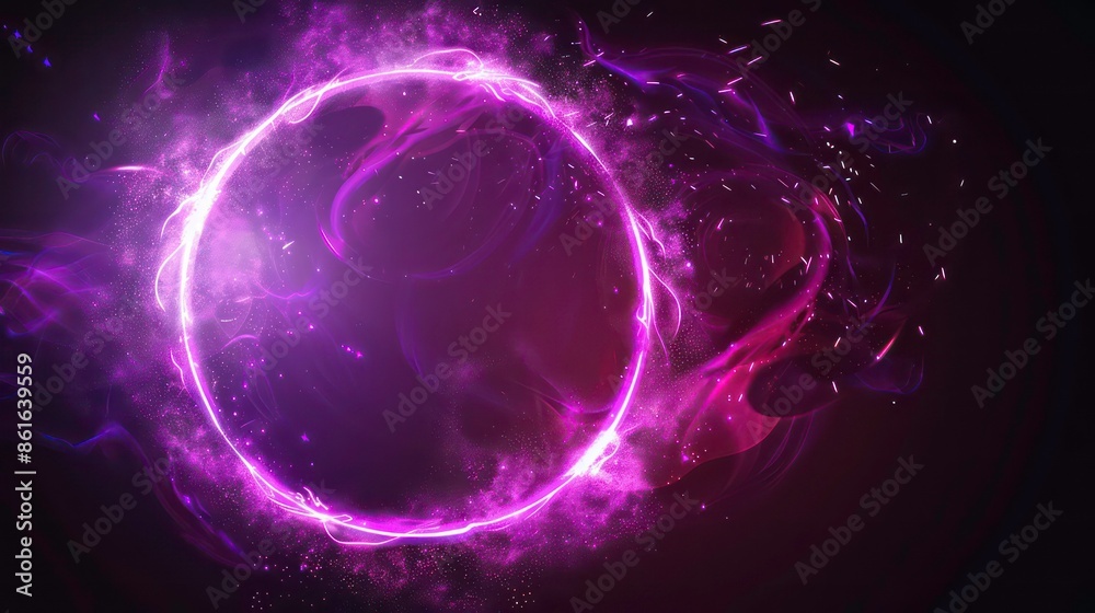 Abstract neon energy sphere of particles and waves of magical glowing on a dark background, circle and loop frames with magic purple and pink flame and sparks isolated on transparent, generative AI. Abstract neon energy sphere of particles and waves of magical glowing on a dark background, circle and loop frames with magic purple and pink flame and sparks isolated on transparent, generative AI.