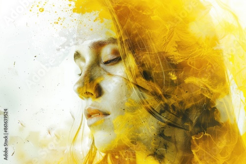 Close-up of a woman's face covered in yellow paint, suitable for artistic or conceptual use #861639524