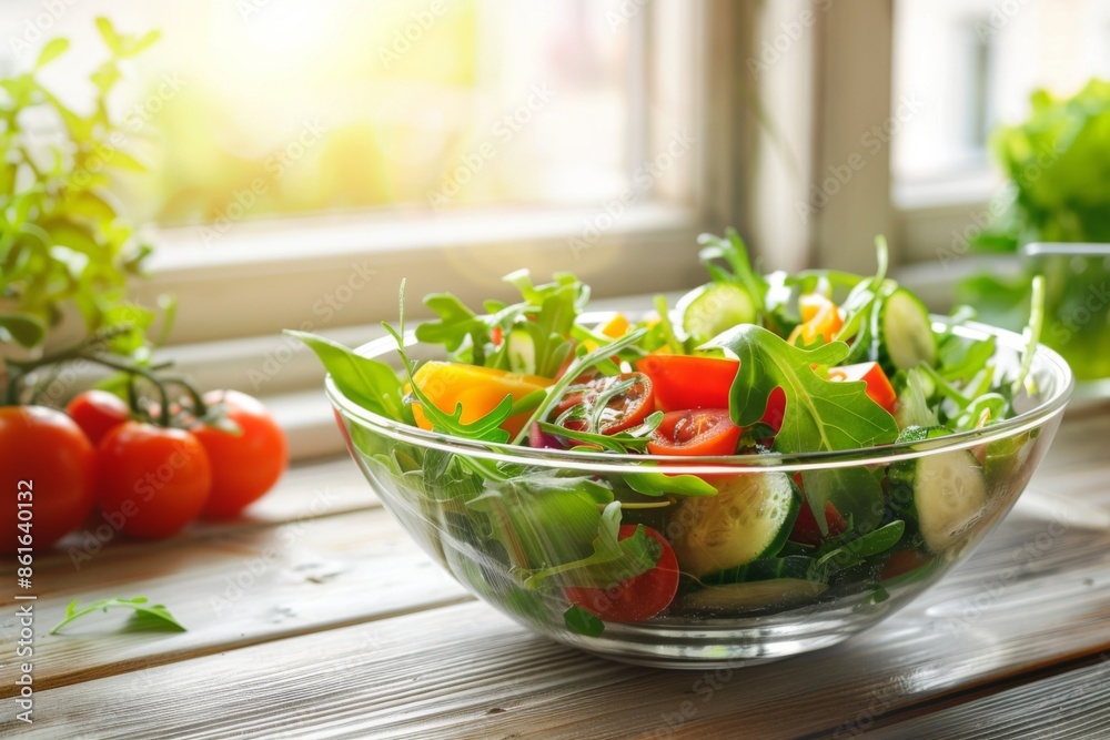 Healthy vegan salad in a bowl on table Healthy vegan salad in a bowl on table