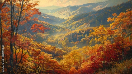 Golden sunlight filters through the colorful canopy of autumn leaves in the valley AI generated