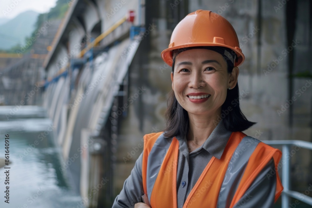 Portrait of a middle aged smiling female engineer at Hydroelectric Dam Portrait of a middle aged smiling female engineer at Hydroelectric Dam