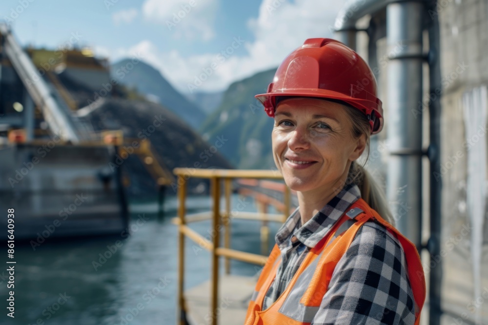 Portrait of a middle aged smiling female engineer at Hydroelectric Dam