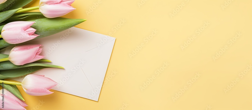 A romantic Mother's Day concept with white envelope and yellow tulips on a pink background, ideal for creating a warm, celebratory copy space image. A romantic Mother's Day concept with white envelope and yellow tulips on a pink background, ideal for creating a warm, celebratory copy space image.