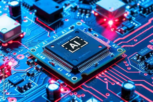 AI Microchip on Colorful Circuit Board, Depicting the Innovation and Complexity of Artificial Intelligence Technology