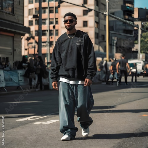 A man wearing a black sweatshirt and baggy jeans, streetwear, 2000s fashion