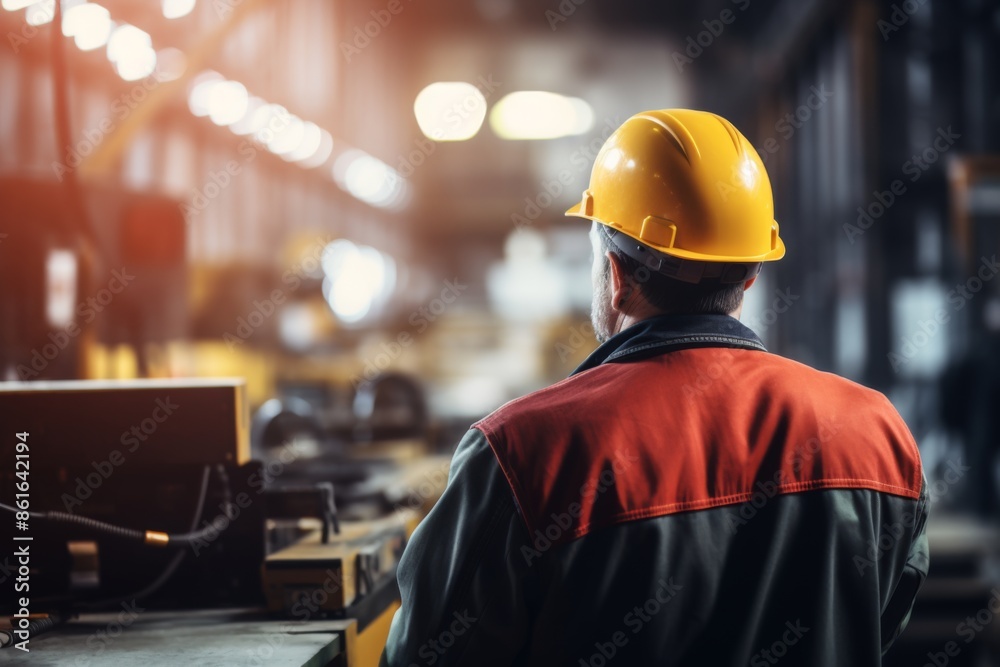 Rear view of a quality assurance technician working in factory