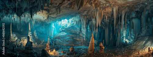 A surreal limestone cave system, with intricate stalactites and stalagmites illuminated by softly glowing bioluminescent organisms